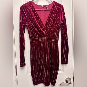 Windsor Burgundy Velvet Studded Bodycon Dress | Long Sleeve | Small